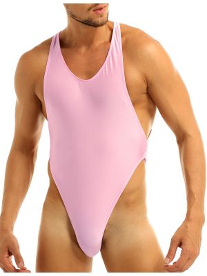 iEFiEL Men One-piece Pink Sissy Lingerie Sleeveless Criss-Cross Backless High Cut Thong Bodysuit Leotard Jumpsuit Underwear Sleepwear