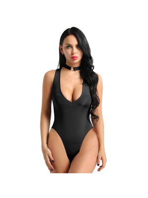 iEFiEL Women One Piece See Through Leotard Sheer Lingerie Necklace Collar High Cut Crotchless Bodysuit
