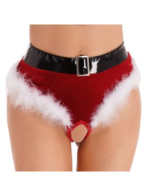 Womens Christmas Feather Trim Velvet Briefs Crotchless Thong