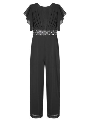 iEFiEL Teen Girls Ruffle Sleeve Ruched Jumpsuit with Shiny Beaded Belt