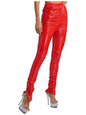 WomensPU Leather High Waist Stacked Ruched Split Pants