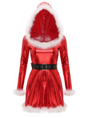 Womens Metallic Santa Hooded  A-Line Dress with Belt