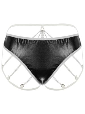 Womens Metallic Shiny Butt-Flaunting Panties with Chain 